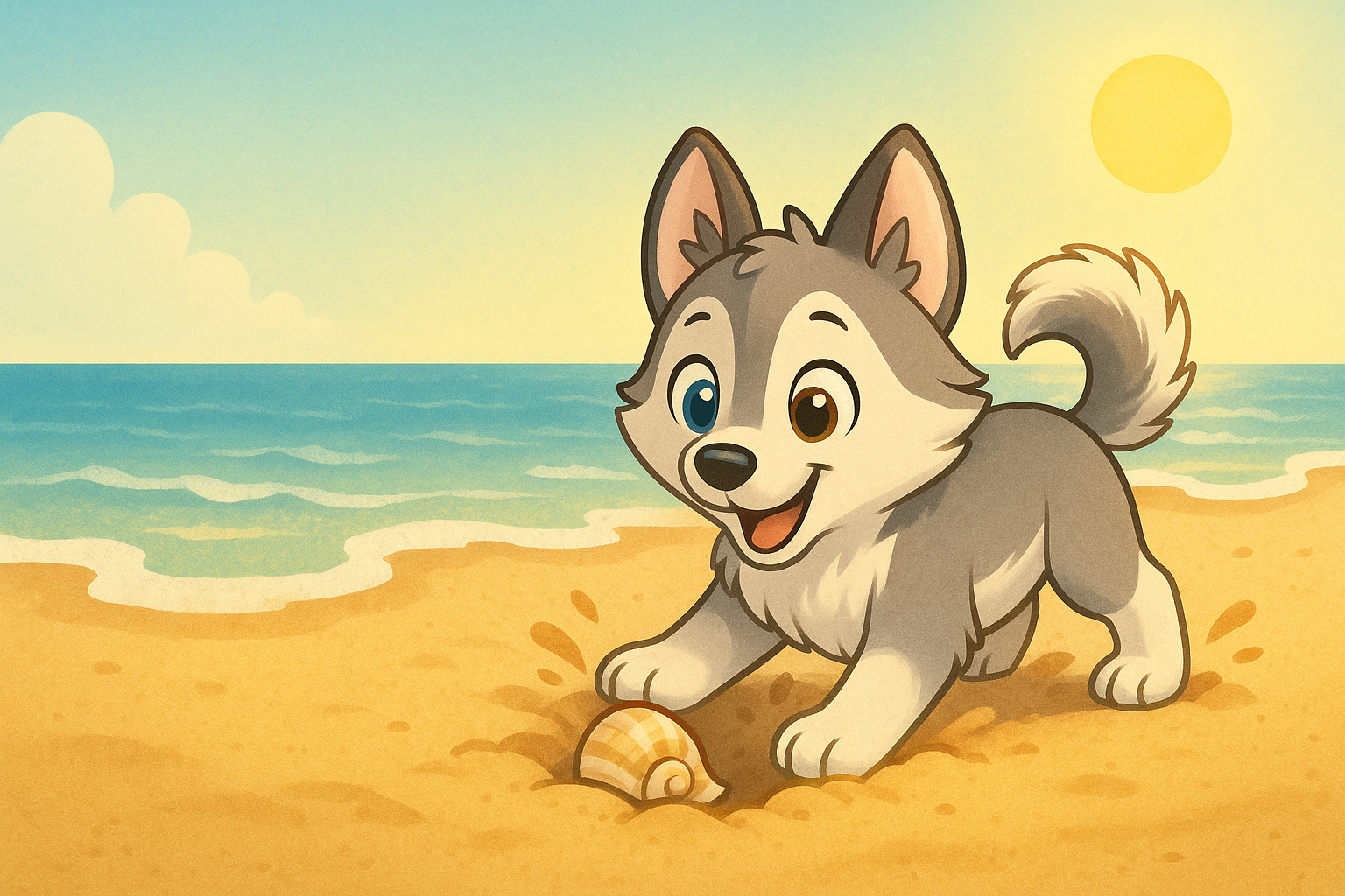Yukon digging up a seashell on a sunny beach